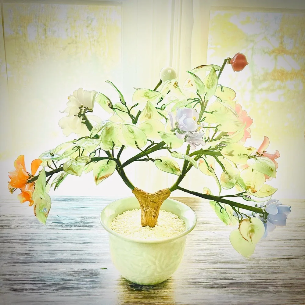 Vintage Jade Gemstone Bonsai Tree Rose Quartz Agate Carnelian Hand-carved Floral